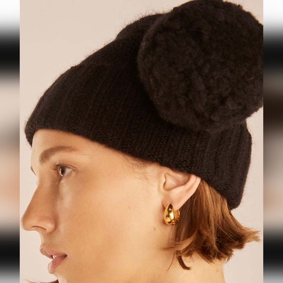 Rebecca Taylor Black Stitch Pom-Pom Beanie One Size - Picture 2 of 6